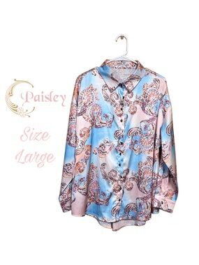 🌸 Pastel Paisley Satin Blouse Boutique Luxe Boho Career Chic Top L